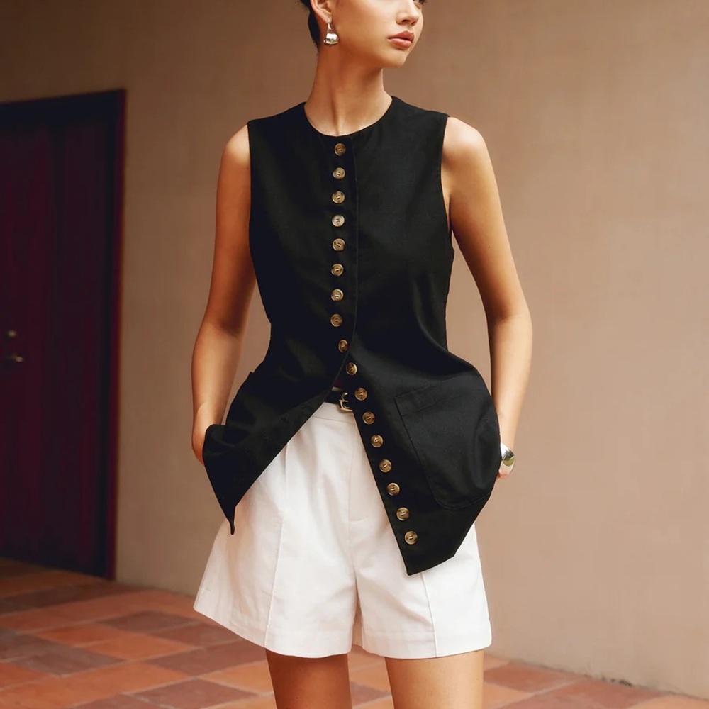 Black Sleeveless Button-Up Top SIMILAR to TILLY BLACK LINEN LONGLINE VEST